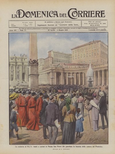 Die Krankheit von Pius X., Gläubige und Neugierige auf dem Petersplatz, die auf das Fenster des Papstzimmers schauen von Achille Beltrame