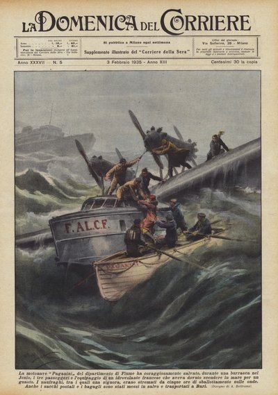 Das Motorschiff Paganini des Departements Fiume hat während eines Sturms mutig gerettet von Achille Beltrame