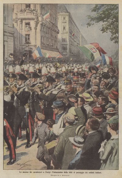 Die Musik der Carabinieri in Paris, die Begeisterung der Menge beim Vorbeimarsch der italienischen Soldaten von Achille Beltrame