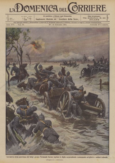 Die neue Kriegswaffe der Belgier, bei Termonde wurden die Deiche durchtrennt von Achille Beltrame