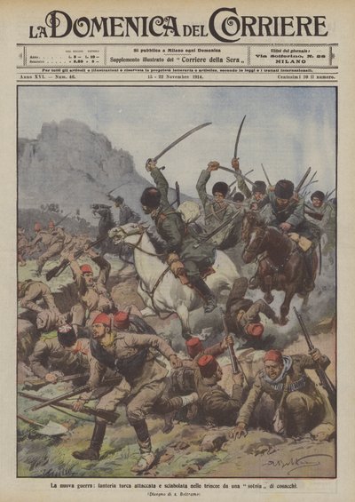 Der neue Krieg, türkische Infanterie in den Schützengräben von einer Kosaken-Sotnia angegriffen und niedergemacht von Achille Beltrame