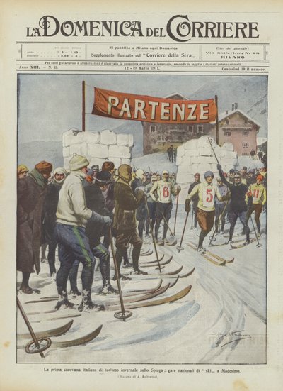 Die erste italienische Wintertourismus-Karawane auf dem Splügenpass, nationale Skirennen in Madesimo von Achille Beltrame