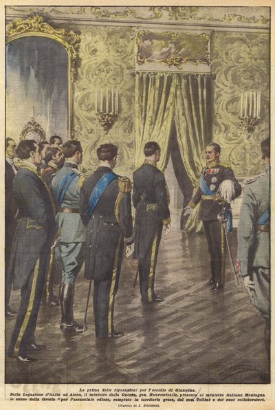 Die erste der Wiedergutmachungen für das Massaker von Giannina von Achille Beltrame