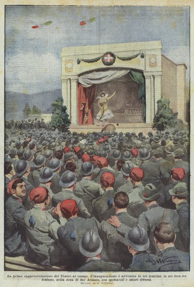 Die erste Aufführung des Feldtheaters von Achille Beltrame