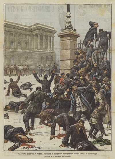 Der Volksaufstand in Russland, Tötung von Streikenden im Viertel Vassili Ostrof in St. Petersburg von Achille Beltrame