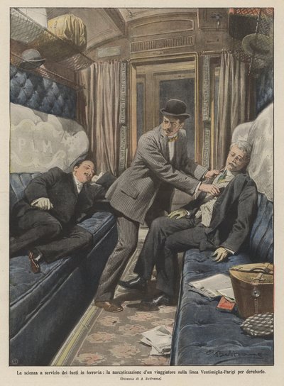 Die Wissenschaft im Dienst des Eisenbahndiebstahls, die Betäubung eines Reisenden auf der Strecke von Achille Beltrame