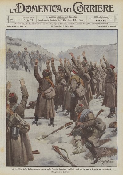 Die Niederlage der zehnten russischen Armee in Ostpreußen, russische Soldaten heben die Arme zur Kapitulation von Achille Beltrame