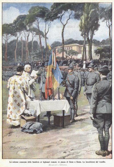 Die feierliche Übergabe der Fahne an die rumänischen Legionäre auf der Piazza di Siena in Rom von Achille Beltrame