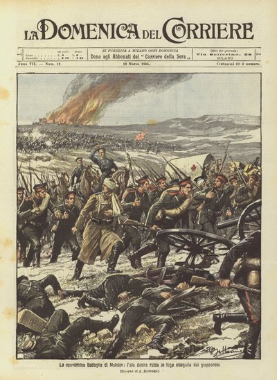 Die schreckliche Schlacht von Mukden, der rechte Flügel der Russen auf der Flucht, verfolgt von den Japanern von Achille Beltrame