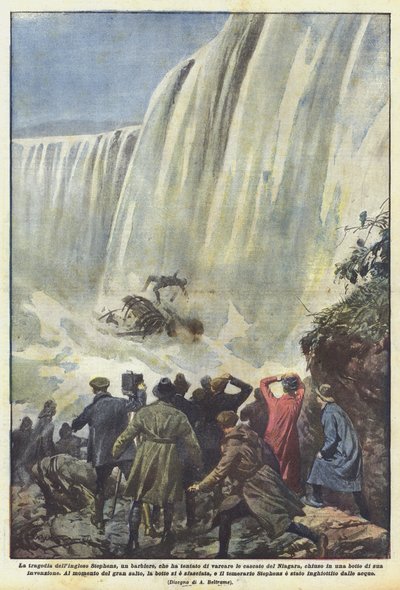 Die Tragödie des Engländers Stephens, eines Barbiers, der versuchte, die Niagarafälle zu überqueren von Achille Beltrame