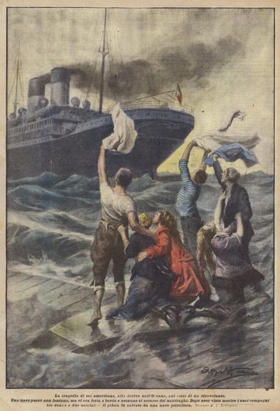 Die Tragödie von sechs Amerikanern, die im Ozean auf den Überresten eines Wasserflugzeugs treiben von Achille Beltrame