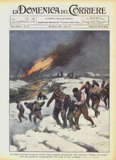 Der tragische Marsch auf der Suche nach Hilfe der Überlebenden der Explosion des Walfängers Viking von Achille Beltrame