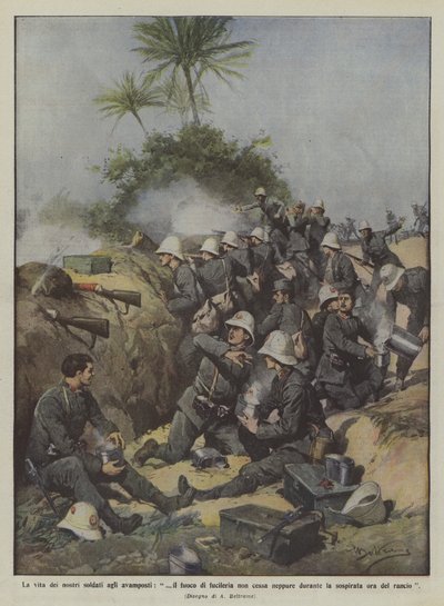 Das Leben unserer Soldaten an den Vorposten, das Gewehrfeuer hört nicht einmal während von Achille Beltrame