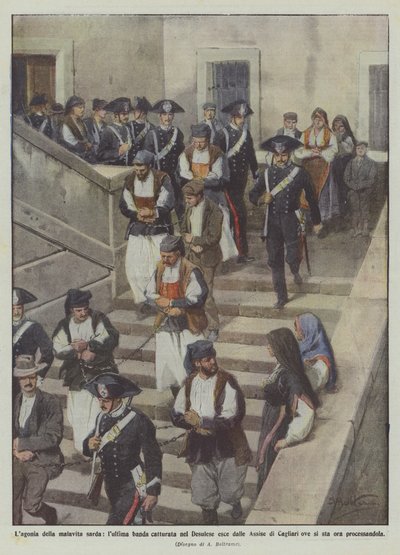 Das Elend des sardischen Untergrunds, die letzte Bande wird im Desulese gefangen und verlässt das Assisengericht von Cagliari von Achille Beltrame