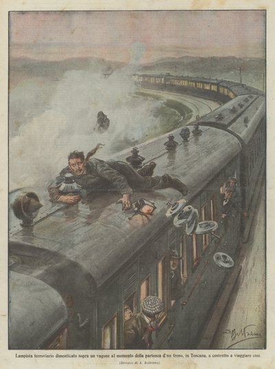Eisenbahner, der bei der Abfahrt eines Zuges in der Toskana auf einem Waggon vergessen wurde von Achille Beltrame