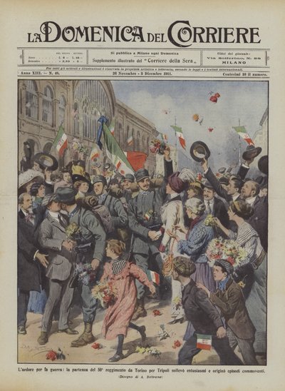 Die Begeisterung für den Krieg, die Abfahrt des 50. Regiments aus Turin nach Tripolis löste Begeisterung aus von Achille Beltrame
