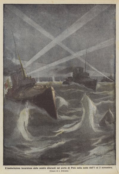 Der äußerst kühne Angriff unserer Torpedoboote im Hafen von Pola in der Nacht vom 1. auf den 2. November von Achille Beltrame