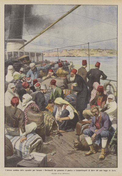 Die ständige Aktion der Flotten zur Durchbrechung der Dardanellen hat Panik in Konstantinopel ausgelöst von Achille Beltrame