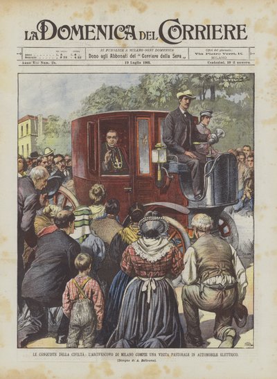 Die Errungenschaften der Zivilisation, der Erzbischof von Mailand macht eine Pastoralvisite in einem Elektroauto von Achille Beltrame