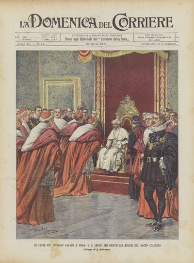 Die Feierlichkeiten zum päpstlichen Jubiläum in Rom, Papst Leo XIII. erhält die Glückwünsche des Heiligen Kollegiums von Achille Beltrame