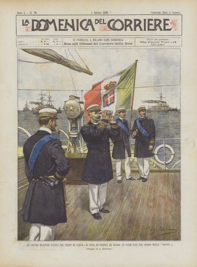 Die großen Marine-Manöver im Golf von Gaeta, der Herzog von Genua studiert die verschiedenen Phasen an Bord der Savoia von Achille Beltrame