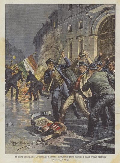 Die schweren antimagyarischen Demonstrationen in Kroatien, Zerstörung der ungarischen Flaggen und Wappen von Achille Beltrame
