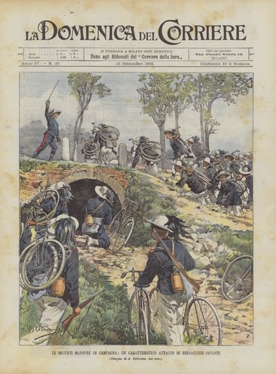 Die jüngsten Feldmanöver, ein charakteristischer Angriff von Radfahr-Bersaglieri von Achille Beltrame