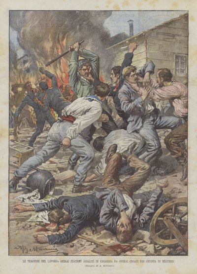Die Tragödien der Arbeit, italienische Arbeiter in Ungarn von Arbeitern aus Eifersucht auf den Beruf angegriffen von Achille Beltrame