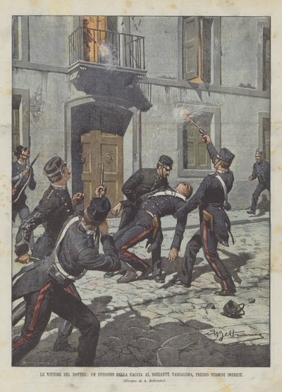 Die Opfer der Pflicht, eine Episode der Jagd auf den Banditen Varsalona bei Termini Imerese von Achille Beltrame