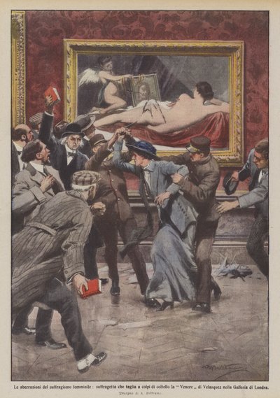 Die Abweichungen des Frauenwahlrechts, Suffragette schneidet die Venus mit einem Messer von Achille Beltrame