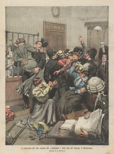 Die Amazonen des Wahlrechts werden von Polizisten aus den Hallen des Westminster-Palastes vertrieben von Achille Beltrame
