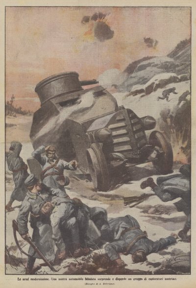 Die modernsten Waffen, unser gepanzertes Auto überrascht und zerstreut eine Gruppe österreichischer Späher von Achille Beltrame