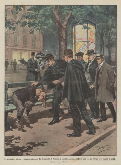 Die seltsamen Abenteuer, ein Junge, der dem Erdbeben von Messina entkam und schlafend auf einer Straße gefunden wurde von Achille Beltrame