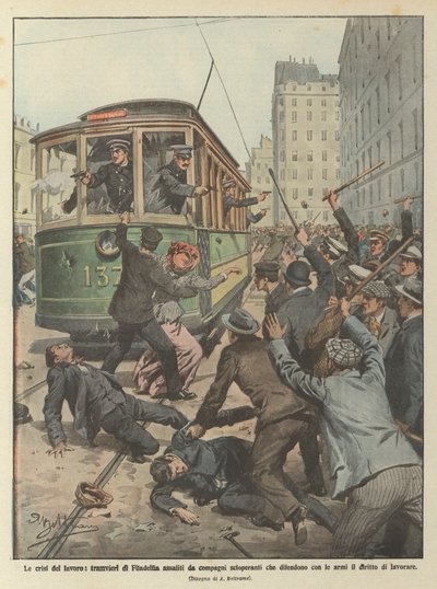 Die Arbeitskrisen, Straßenbahnfahrer in Philadelphia von streikenden Kollegen angegriffen von Achille Beltrame