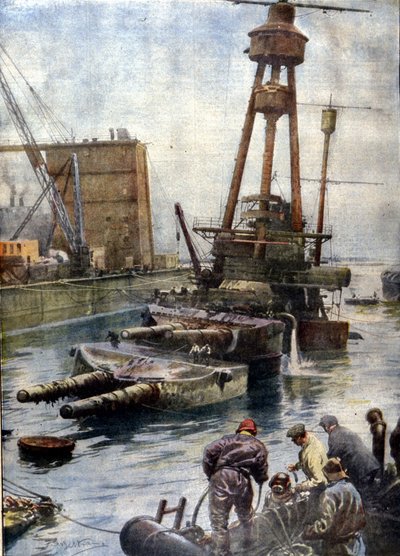 Das deutsche Schlachtschiff Hindenburg, das in Scapa Flow in Schottland gesunken ist, taucht nach 7 Jahren am Meeresgrund dank der englischen Flotte wieder auf (Illustration von Beltrame, La Domenica del Corriere) von Achille Beltrame
