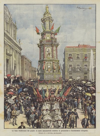 Die traditionellen Volksfeste, der monumentale Wagen in der Prozession in Casteltermini (Girgenti) von Achille Beltrame