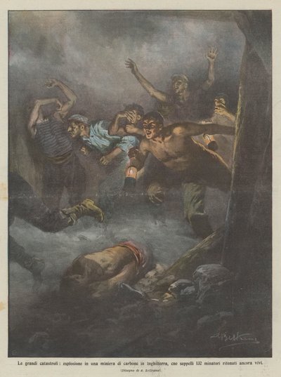 Die großen Katastrophen, Explosion in einer Kohlenmine in England, die 132 begrub von Achille Beltrame