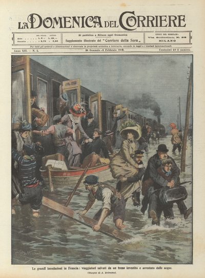 Die großen Überschwemmungen in Frankreich, Reisende aus einem von Wasser getroffenen und gestoppten Zug gerettet von Achille Beltrame
