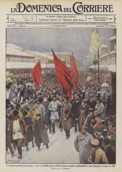 Die großen Arbeiterdemonstrationen, Marsch von 100.000 Arbeitern in St. Petersburg im Gedenkstreik von Achille Beltrame