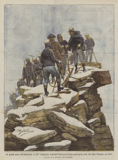 Die großen Leistungen des Alpinismus, die 36. Kompanie der Alpini des Bataillons Susa erreicht den Gipfel von Achille Beltrame