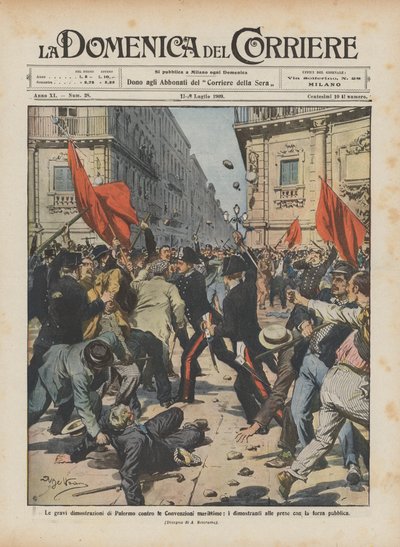 Die schweren Demonstrationen in Palermo gegen die Seeverträge, die Demonstranten im Kampf mit der Polizei von Achille Beltrame