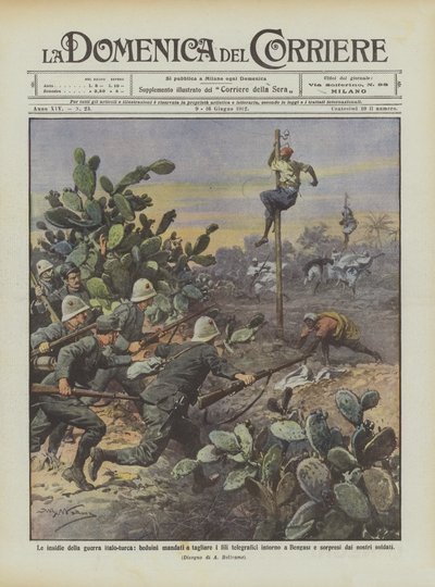 Die Tücken des italienisch-türkischen Krieges, Beduinen schneiden die Telegrafendrähte von Achille Beltrame