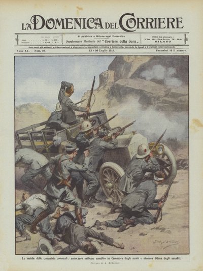 Die Gefahren der kolonialen Eroberungen, ein Militärlastwagen wird in Cyrenaika von Arabern angegriffen von Achille Beltrame