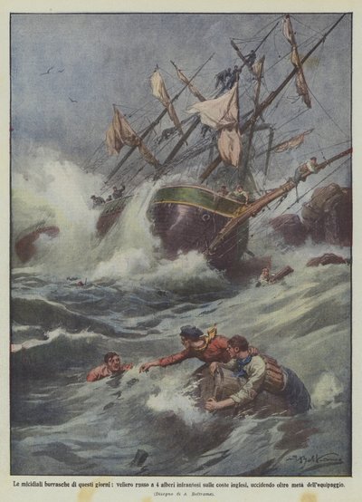 Die tödlichen Stürme dieser Tage, russisches Viermastschiff an der englischen Küste zerschellt von Achille Beltrame