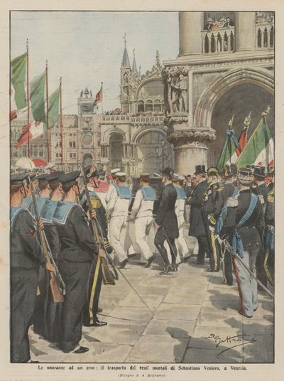 Die Ehrungen für einen Helden, der Transport der sterblichen Überreste von Sebastiano Veniero nach Venedig von Achille Beltrame