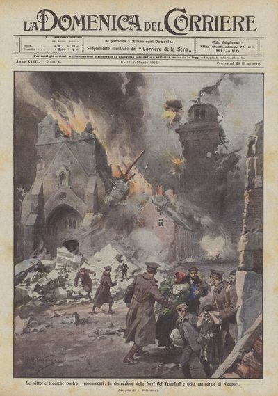 Die deutschen Siege gegen die Denkmäler, die Zerstörung der Tempelrittertürme und der Kathedrale von Nieuport von Achille Beltrame