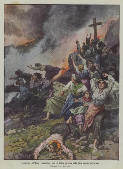 Der Ausbruch des Ätna, fliehende Frauen überrascht von der Lava während des Gebets von Achille Beltrame