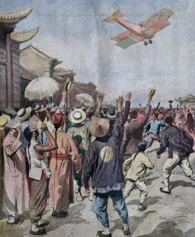 Leutnant Arturo Ferrarin, Teilnehmer am Rom-Tokio-Raid, erscheint über dem Himmel von Shanghai, Illustration von Achille Beltrame aus La Domenica del Corriere, 16. Mai von Achille Beltrame