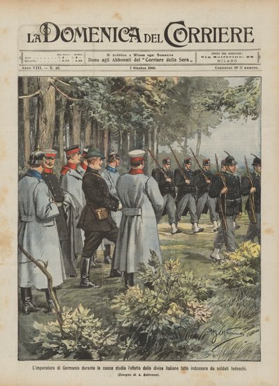 Der deutsche Kaiser studiert während der Jagd die Wirkung der italienischen Uniformen von Achille Beltrame