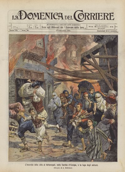Der Brand der Stadt Adrianopel in der europäischen Türkei und die Flucht der Bewohner von Achille Beltrame